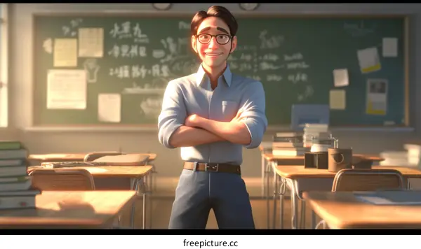 Asian Male Teacher Posing in Classroom with Arms Crossed
