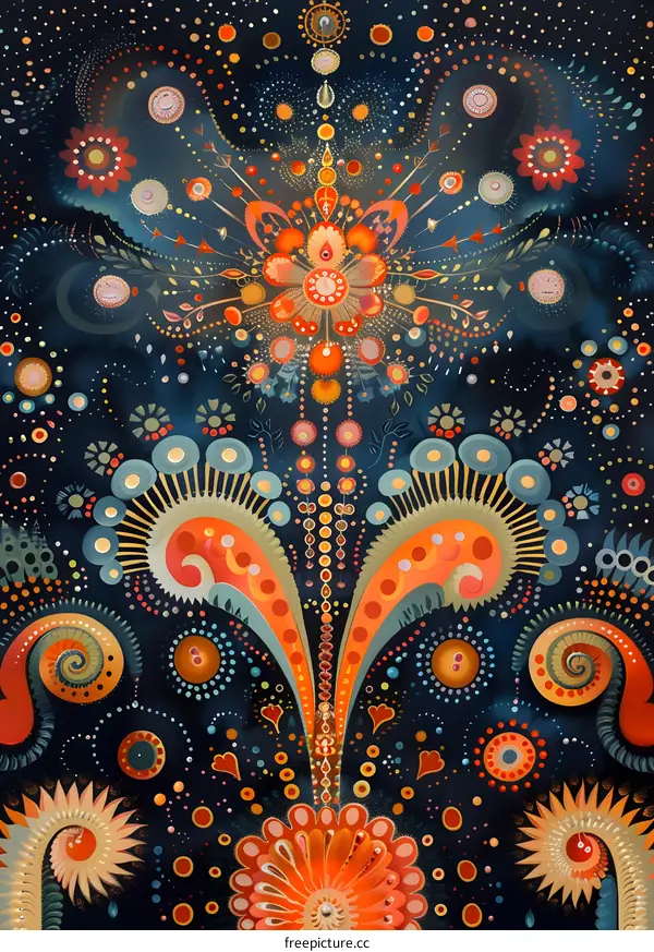 A symmetrical floral pattern with a dark blue background.