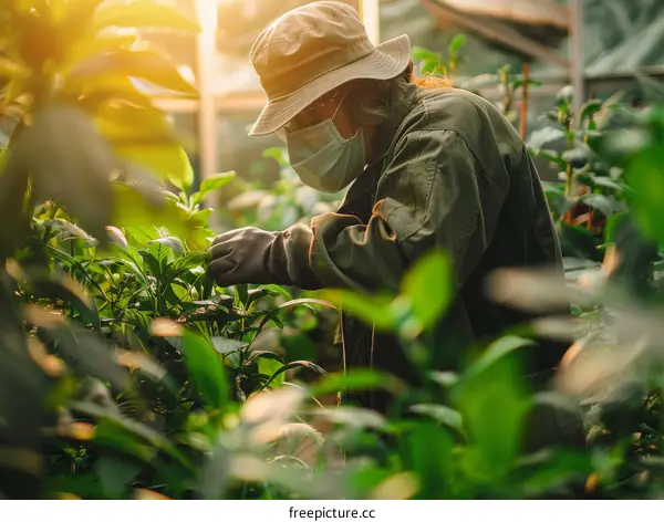 A woman wearing a mask and hat is working in a greenhouse