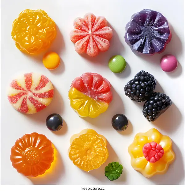 Colorful hard fruit candies and blackcurrant gummies