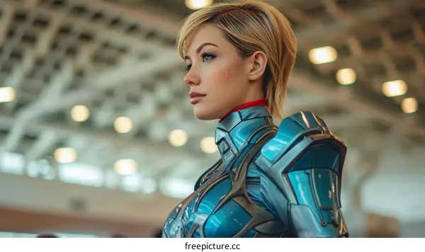 portrait of a young woman with short blonde hair in a blue and silver costume