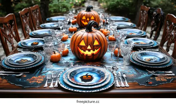 Halloween Dinner Table Setting with Pumpkins