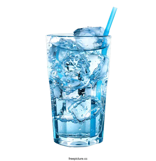 [Transparent Background PNG]Glass of Sparkling Water with Ice Cubes and Straw