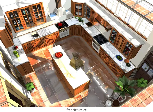 Top View of a Modern Kitchen with Wooden Cabinets