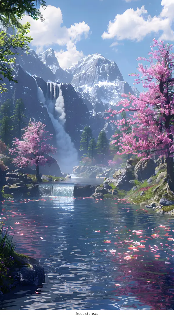 mountain lake and cherry blossoms