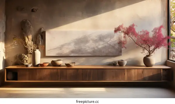 Elegant Minimalist Living Room with Bonsai Tree and Wooden Cabinet