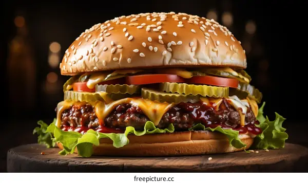 Mouthwatering cheeseburger with pickles, tomatoes, and lettuce