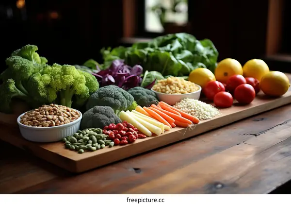 Colorful variety of fresh organic vegetables and fruits on a wooden table