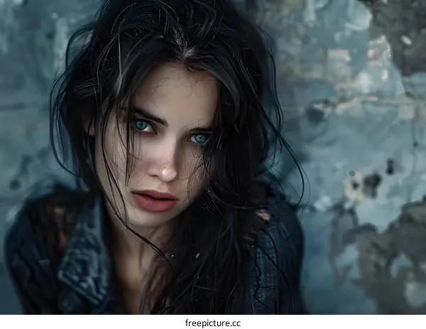 Portrait of a young woman with blue eyes and dark hair