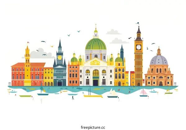 Cityscape of European Architecture with Boats and Birds