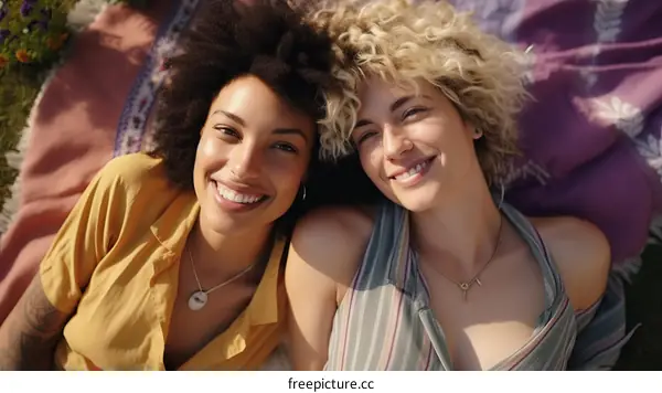 Two young women lying on a blanket and smiling at the camera