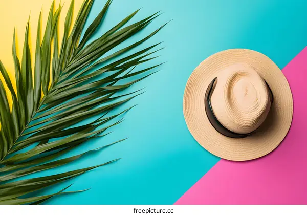 Palm Leaf and Straw Hat on Colorful Background