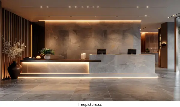 Modern hotel reception desk with wood and stone elements