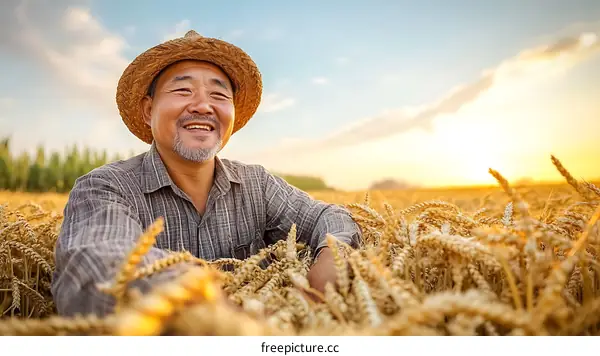 Happy Farmer in Wheat Field at Sunset