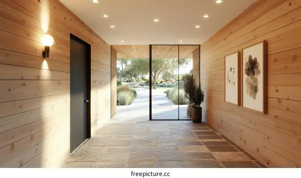 Modern Wooden Corridor with Artistic Prints