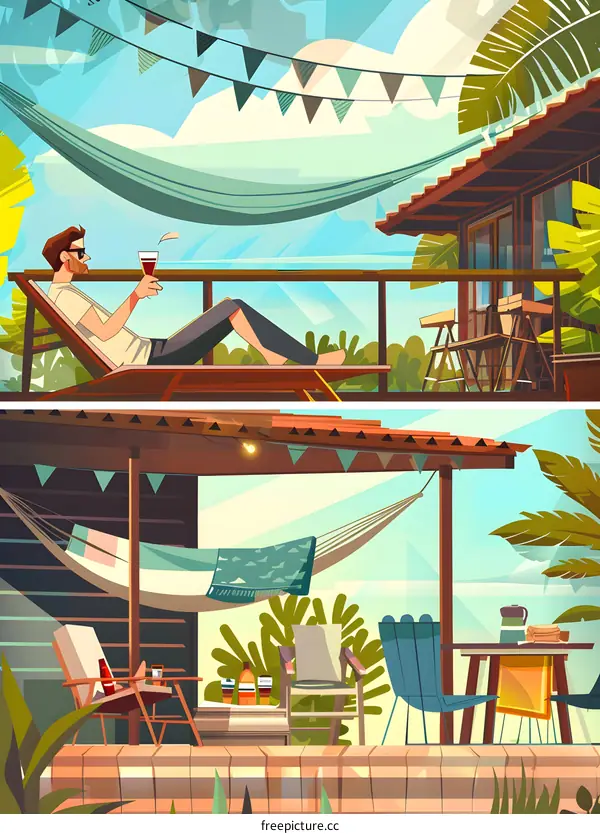 Relaxing Patio With Hammock And Lounge Chair In Tropical Setting