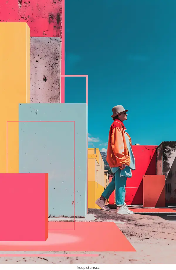 Man Walking Through Colorful Architecture