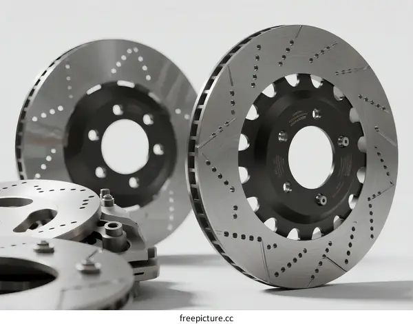 Close-up view of car brake discs showing ventilation and slots