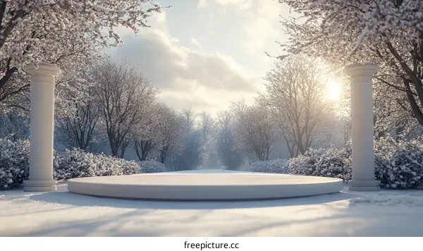 Snowy Winter Park Scene with Blank Platform