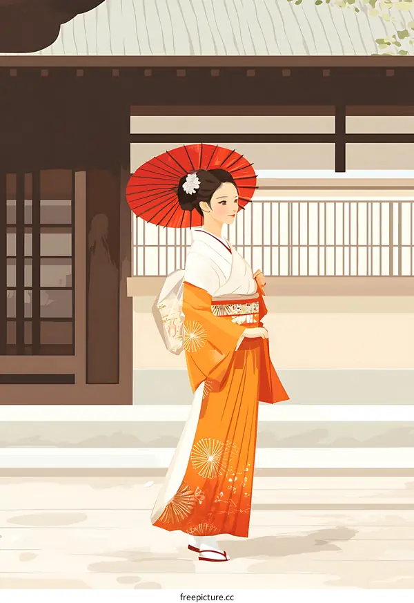 Japanese Woman in Traditional Kimono with Red Umbrella