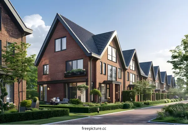 Row of Modern Brick Houses with Green Lawns and Pathway