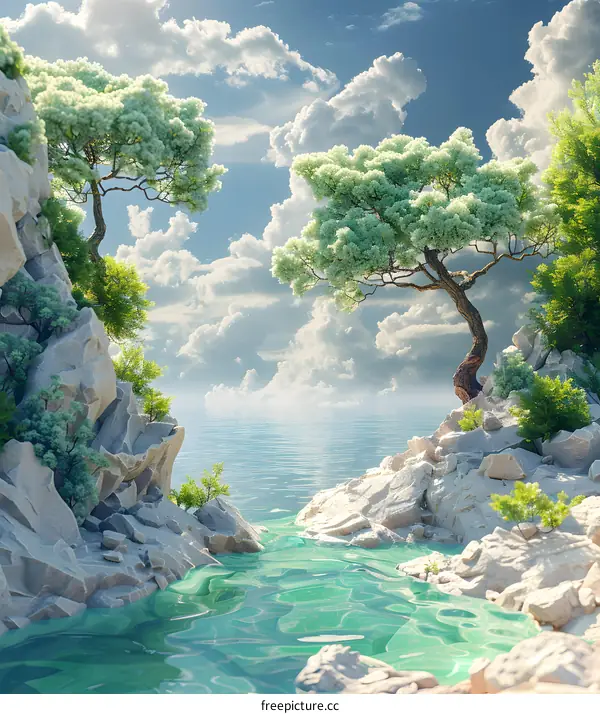 Fantasy landscape with sea, cliffs and trees