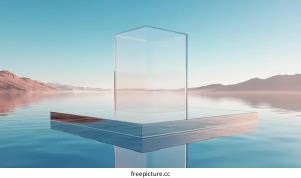 Modern Glass Cube Structure on Water Reflection