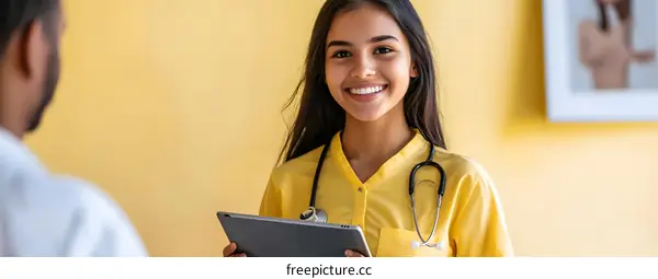 Smiling Female Doctor Holding a Tablet in a Hospital Room