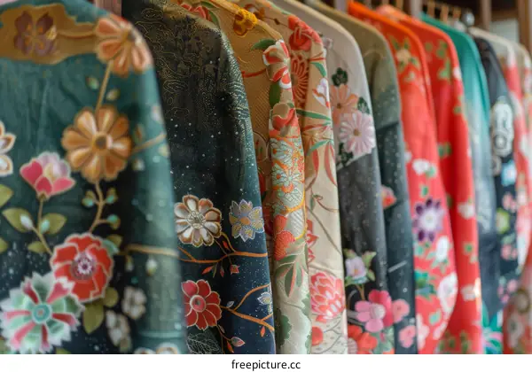 A rack of colorful kimono with floral patterns.