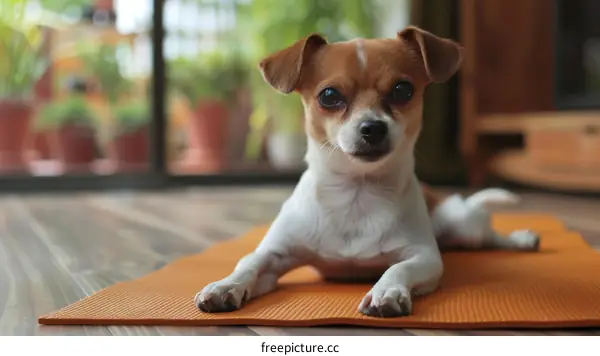 A cute chihuahua is lying on an orange yoga mat