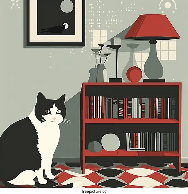 Black and White Cat Sitting in Front of a Bookshelf in a Modern Living Room