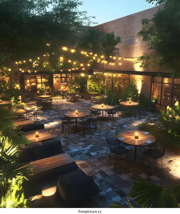 Outdoor Restaurant Patio with String Lights and Plants