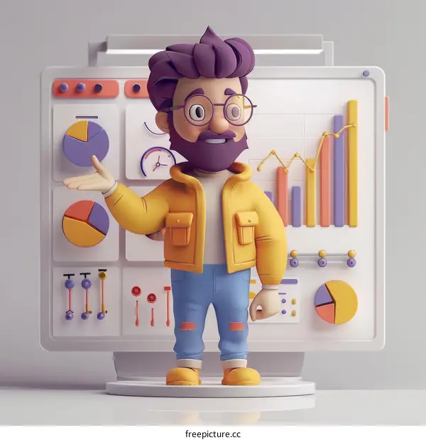 3D Cartoon Character Presenting Business Data Analysis