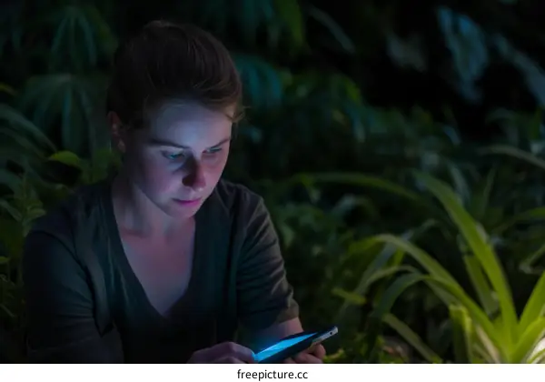 Young woman using a smartphone at night in the forest