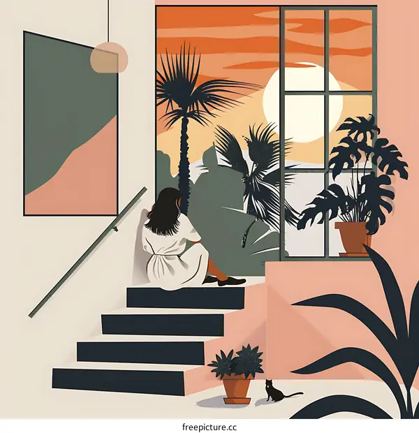 Woman Sitting on Stairs Looking Out Window at Tropical Sunset