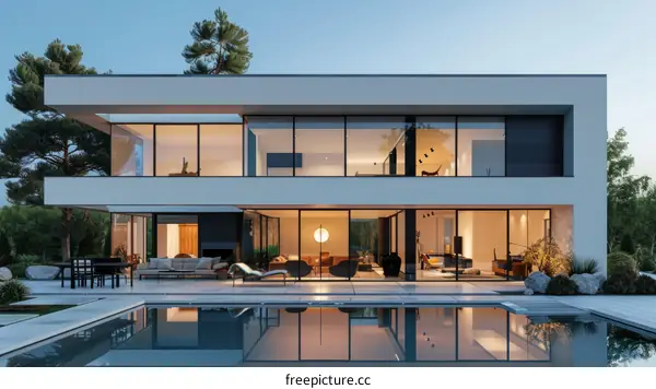 Modern house with pool and large glass windows
