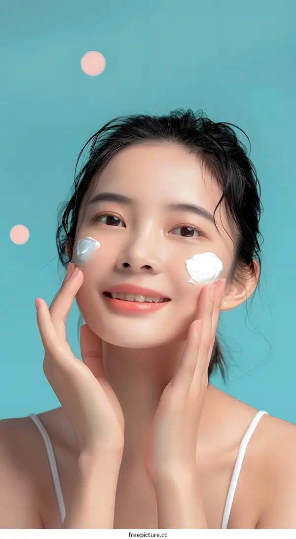 Young Asian Woman Applying Face Cream on Blue Background