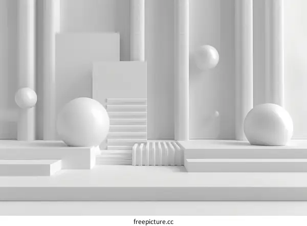 White Minimalist Geometric Podium with Floating Spheres