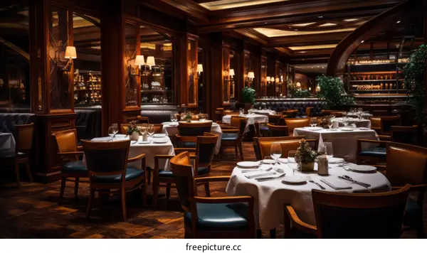 elegant restaurant dining room with wood paneling and white tablecloths