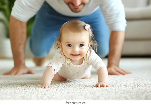 Father and Baby Girl Crawling on Carpet