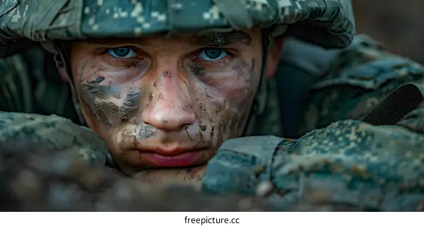 Portrait of a young male soldier with blue eyes and a dirty face