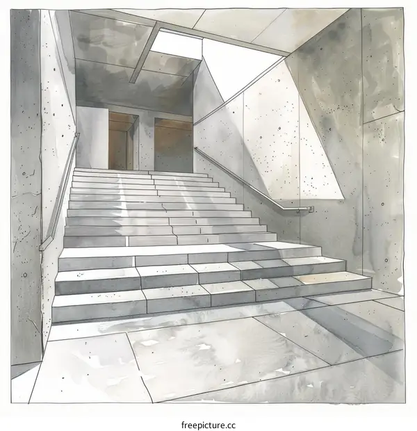 Architectural Perspective Sketch Modern Building with Concrete Staircase