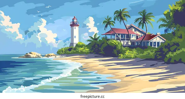Coastal Beach Landscape with Lighthouse and Palm Trees