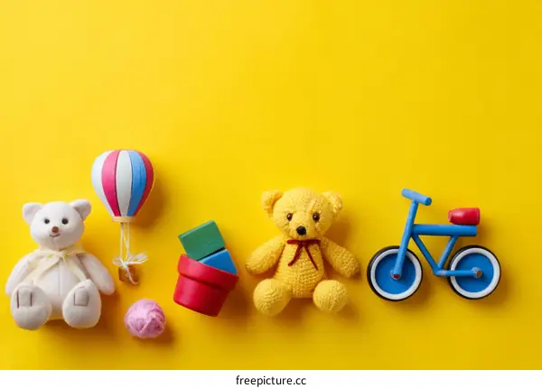 Colorful Childrens Toys on a Yellow Background