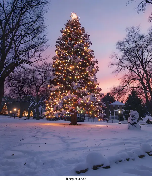 A beautiful Christmas tree stands in a snowy park at dusk.