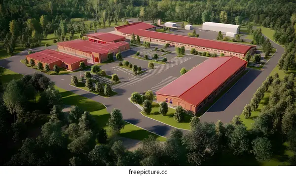 Aerial View of Modern Complex Building with Red Roofs and Parking Lot