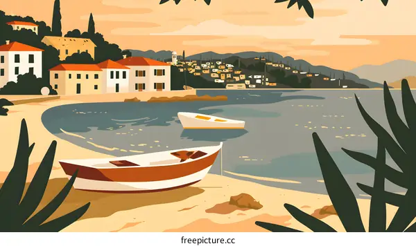 Mediterranean Coastline Sunset Illustration