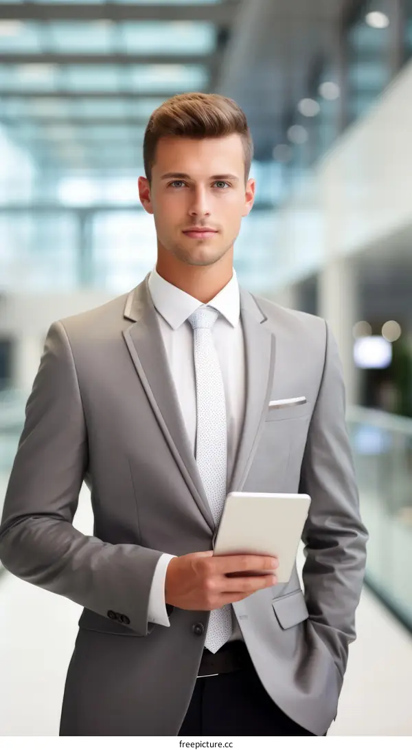 Young professional man in a suit holding a tablet