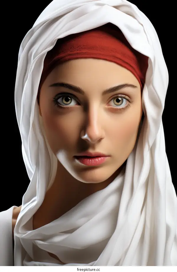 Young Woman in White Headscarf and Red Cap