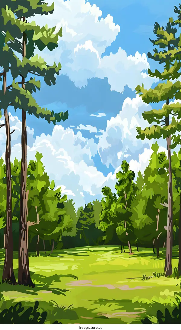 Green Forest with a Blue Sky and White Clouds